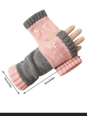 Pink & Gray Cat Knit Fingerless Gloves